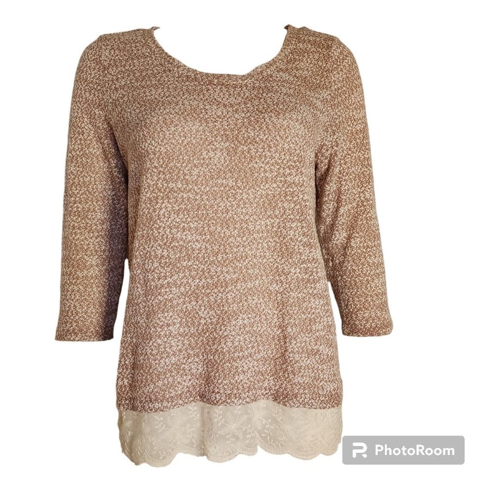 ANN TAYLOR LOFT Brown‎ White 3/4 Sleeve Lace Detail Sweater Womens Size L Large